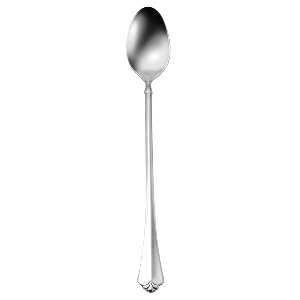 A Oneida Juilliard stainless steel iced tea spoon with a silver handle.