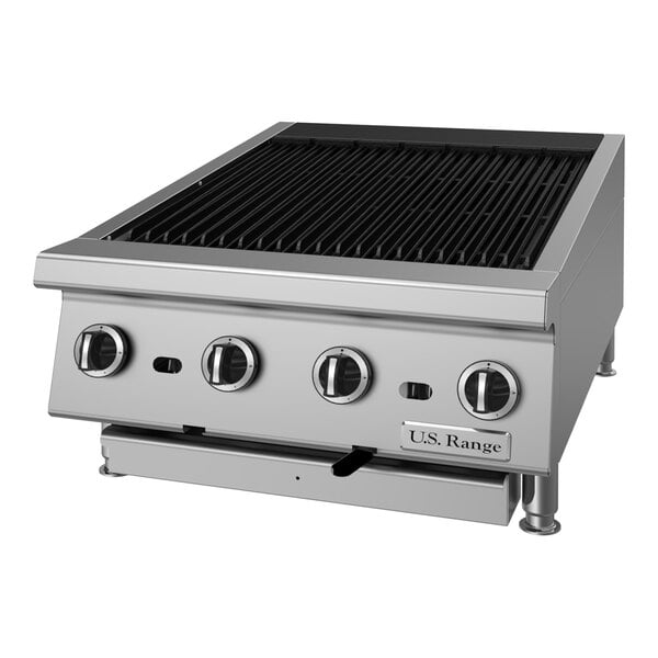 A stainless steel 24-inch liquid propane radiant charbroiler with adjustable grates and four control knobs.