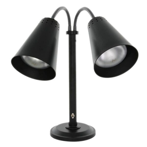 A Hanson Heat Lamps freestanding black dual bulb heat lamp stand.