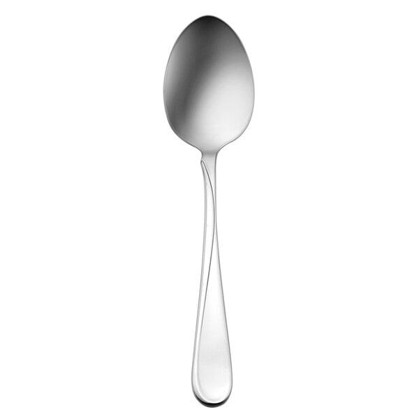 An Oneida Flight stainless steel serving spoon with a white handle.