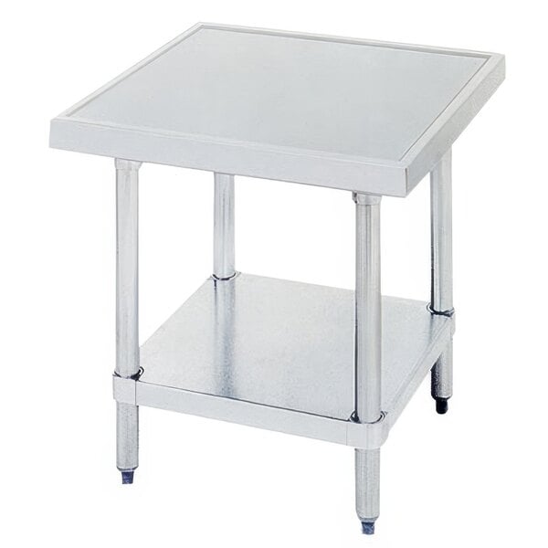 A silver stainless steel table with a shelf.