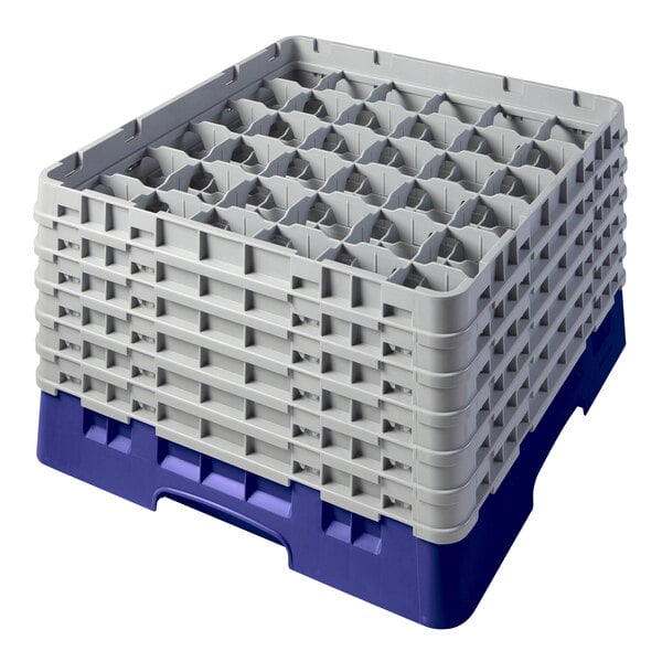 A navy blue plastic Cambro glass rack with extenders.