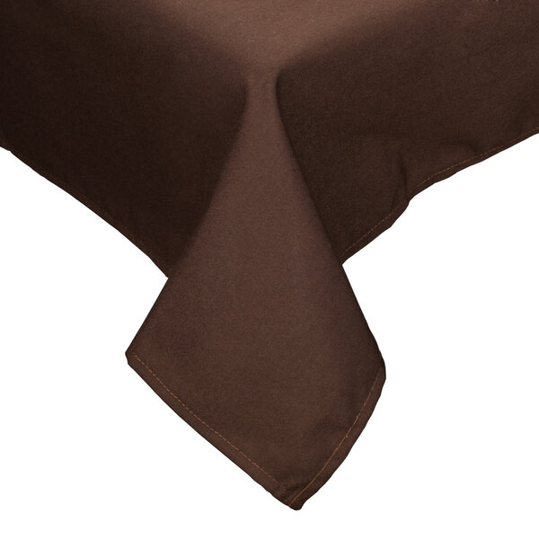 A brown Intedge rectangular table cover with a stitched edge on a table.