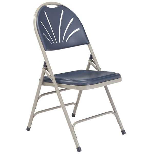 A National Public Seating gray metal folding chair with dark blue plastic seat and back.