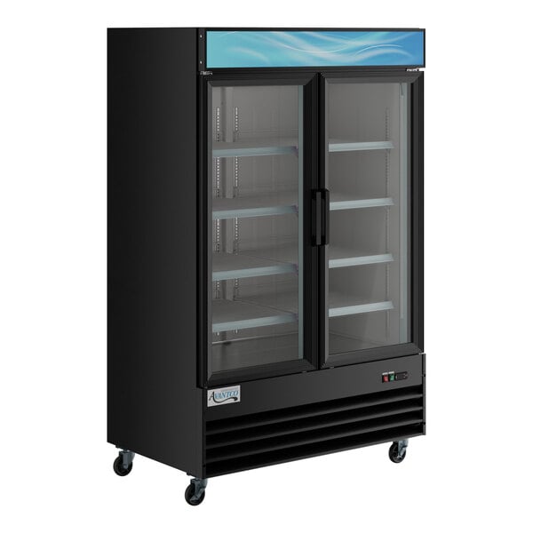 An Avantco black merchandising refrigerator with swing glass doors.