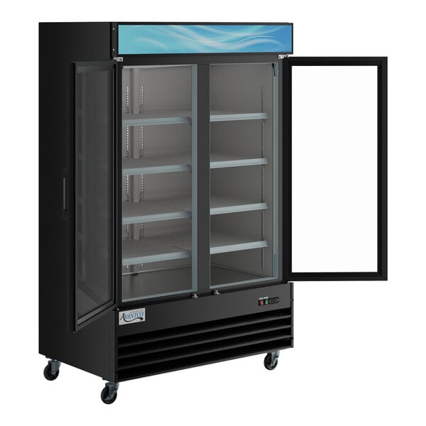 An Avantco black merchandising refrigerator with swing glass doors.