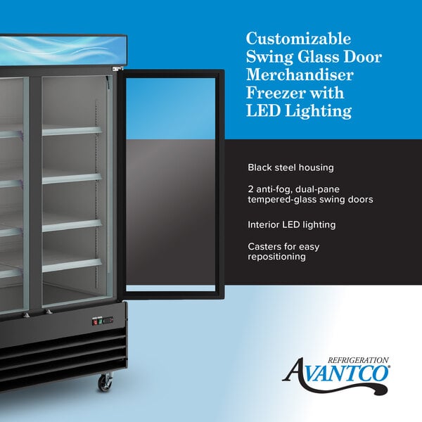 Graphic highlighting glass door refrigerator with LED lighting and customizable top panel.