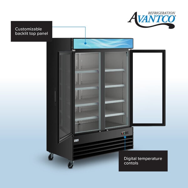 Graphic showing customizable graphics panel, glass door, LED lighting, and digital control.