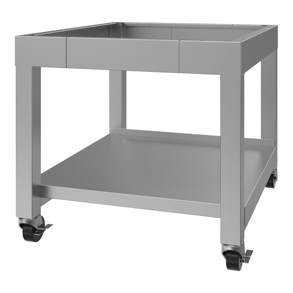 A mobile stainless steel equipment stand with casters and an open lower shelf.