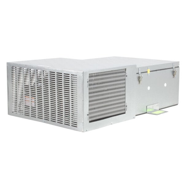 A large metal outdoor walk-in cooler unit with vented panels and locking mechanisms.