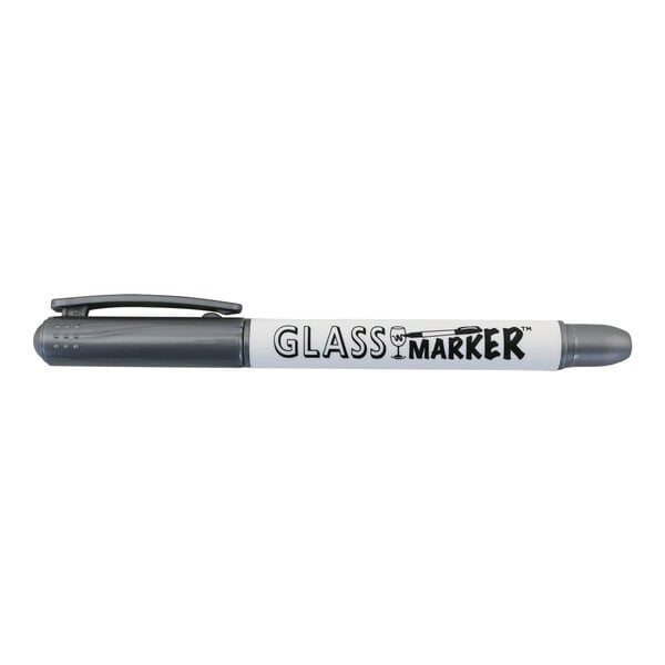 A close up of a Franmara metallic silver fine point glass marker.