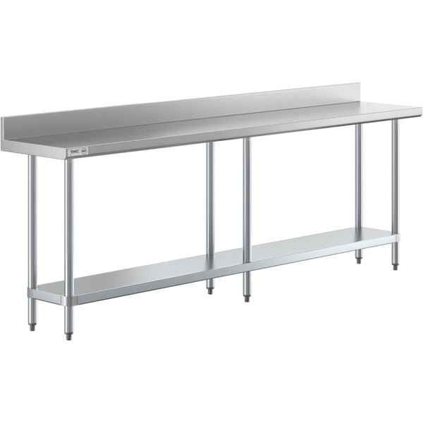 A Regency stainless steel work table with undershelf and backsplash.