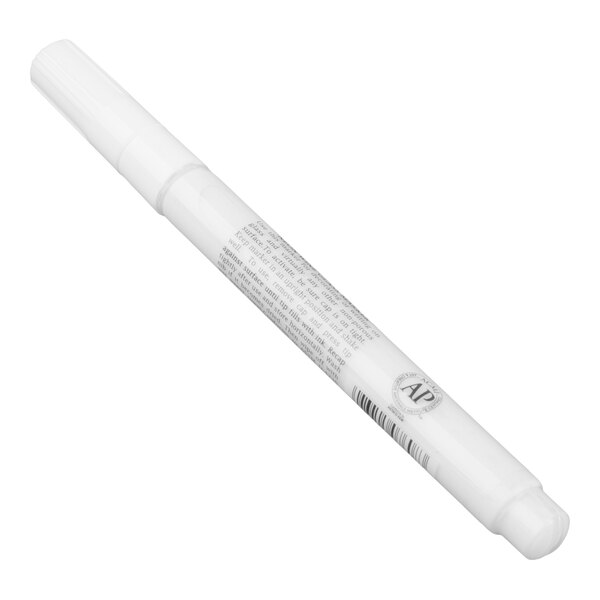 A white marker pen with a cap, featuring printed text and a barcode on its body.