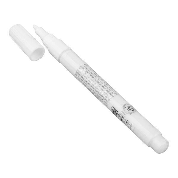 A white marker with a fine tip and a removable cap, shown lying on a white surface.