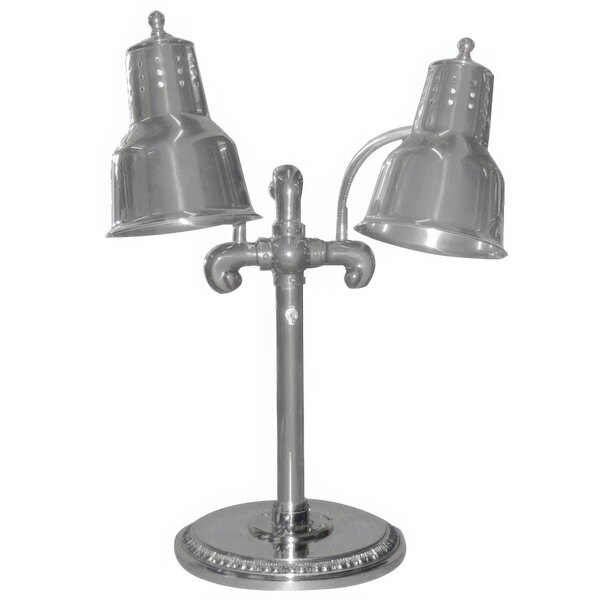 A stainless steel Hanson Heat Lamps dual bulb freestanding heat lamp with two shades.