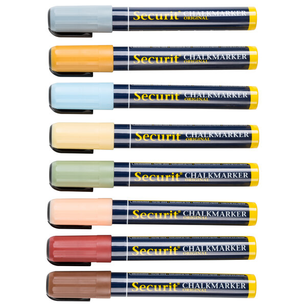 A row of eight American Metalcraft Securit Earth Tone Chalk Markers.