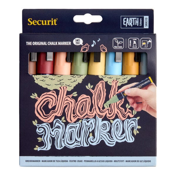 A pack of eight Securit all-purpose mini tip chalk markers in assorted earth tone colors.