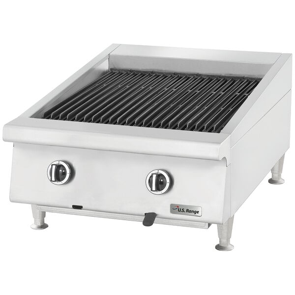 A U.S. Range ceramic briquette charbroiler on a counter.