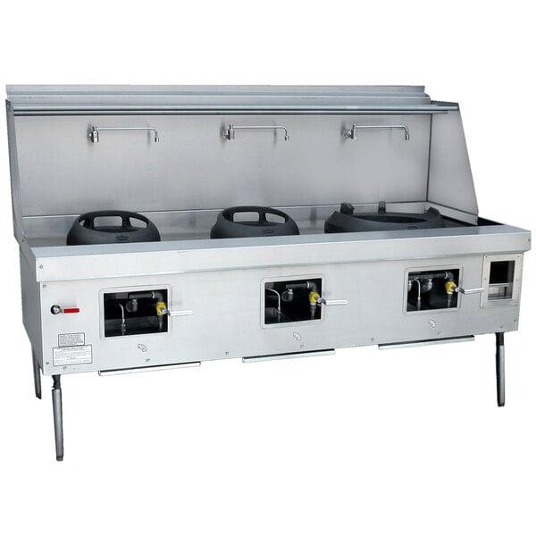 A large stainless steel Town York liquid propane wok range with three chambers.