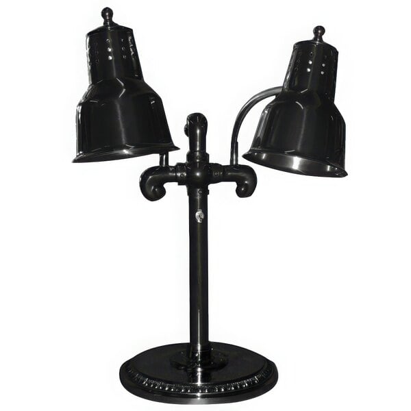 A black Hanson Heat Lamps freestanding lamp with two bulbs.