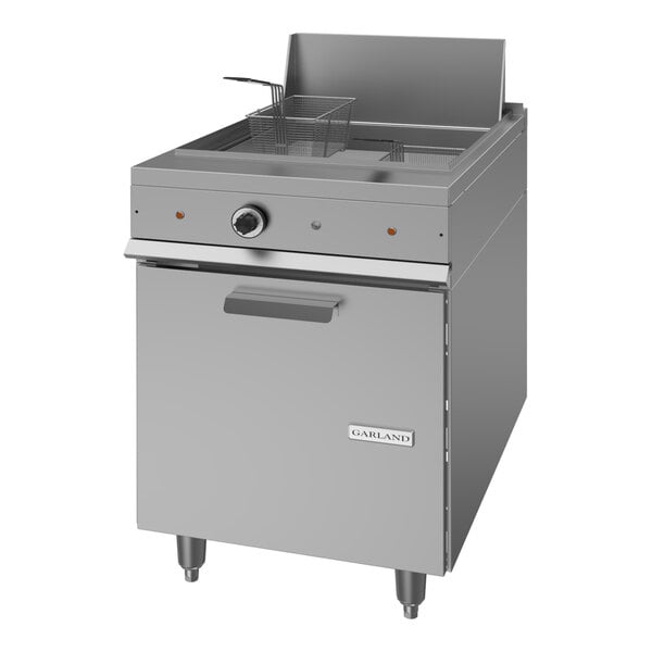 A commercial stainless steel electric floor fryer with a front control knob and a frying basket.