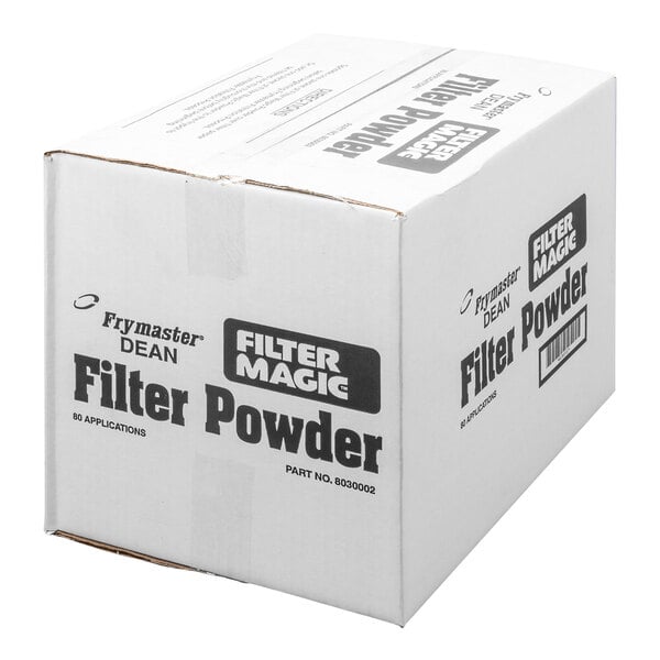 A large white cardboard box labeled 'Frymaster Dean Filter Magic Filter Powder' with text indicating it contains 80 applications.