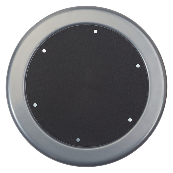 A circular black and silver National Public Seating lab stool seat with holes in black steel.
