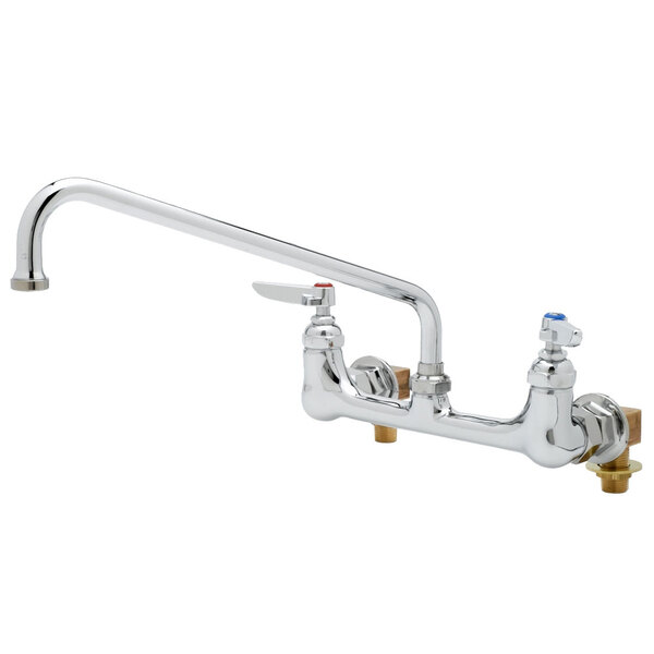 A chrome T&S wall mount pantry faucet with two handles.