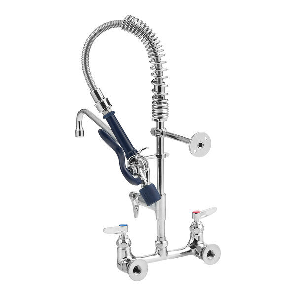 A chrome T&S wall mounted pre-rinse faucet with hose and swivel.