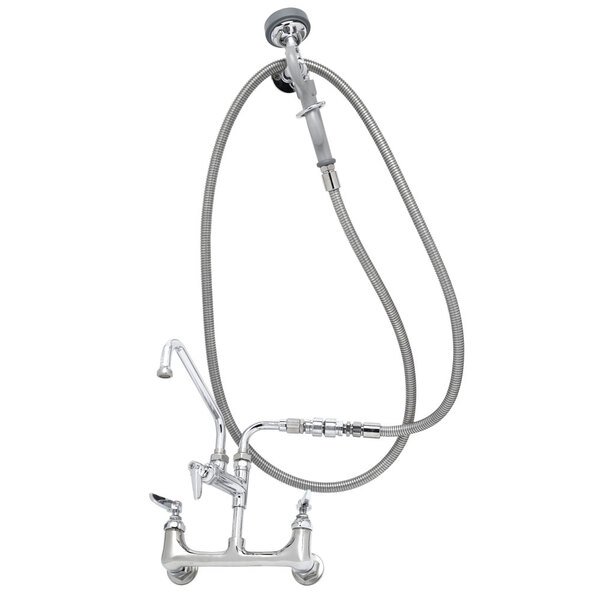 A chrome T&S wall mounted pet grooming faucet with a hose.
