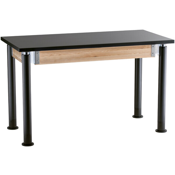 A black and wood National Public Seating science lab table with metal legs.