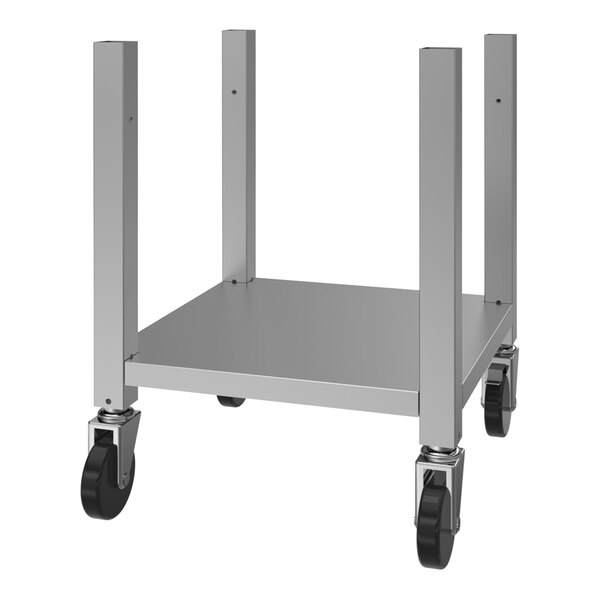 A stainless steel equipment stand with an undershelf and four caster wheels.
