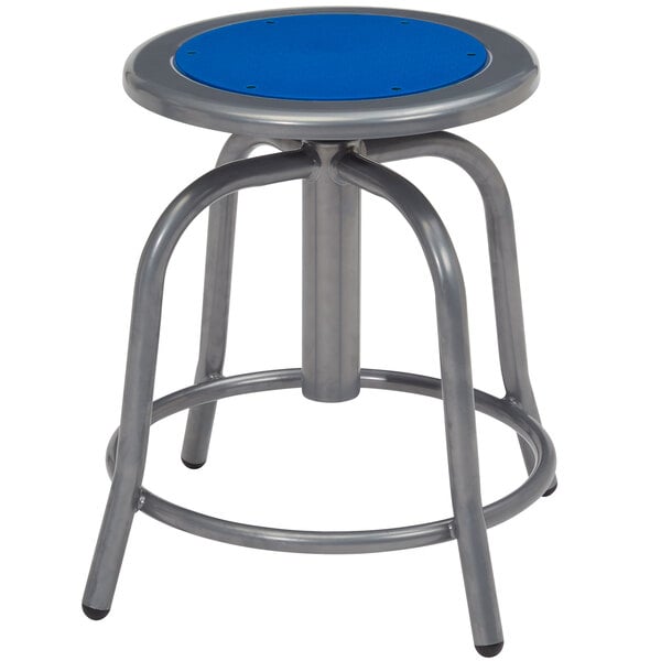 A National Public Seating lab stool with a blue steel seat.