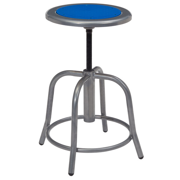 A National Public Seating lab stool with a blue steel seat and metal base.