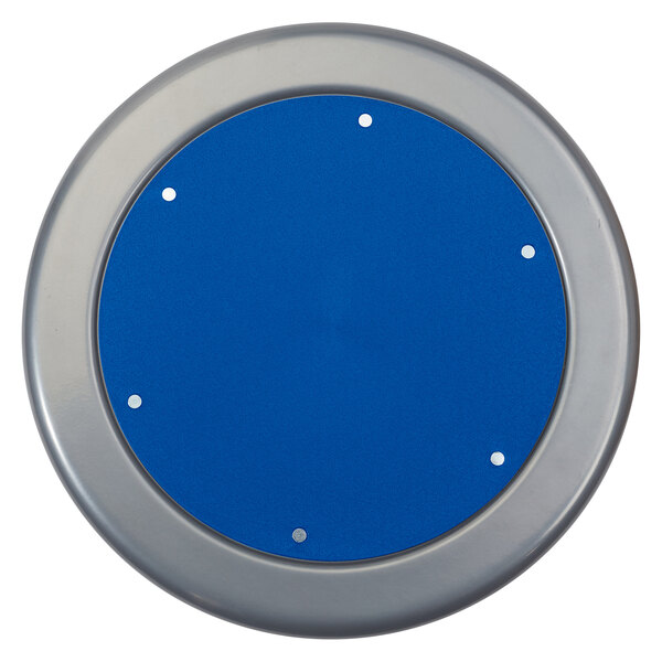 A gray and blue National Public Seating swivel lab stool adjustment disc with holes in it.