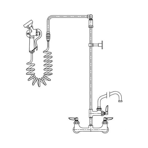 A drawing of a T&S wall mount pet grooming faucet with a hose.