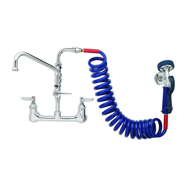 A T&S wall mount pet grooming faucet with blue hoses and lever handles.