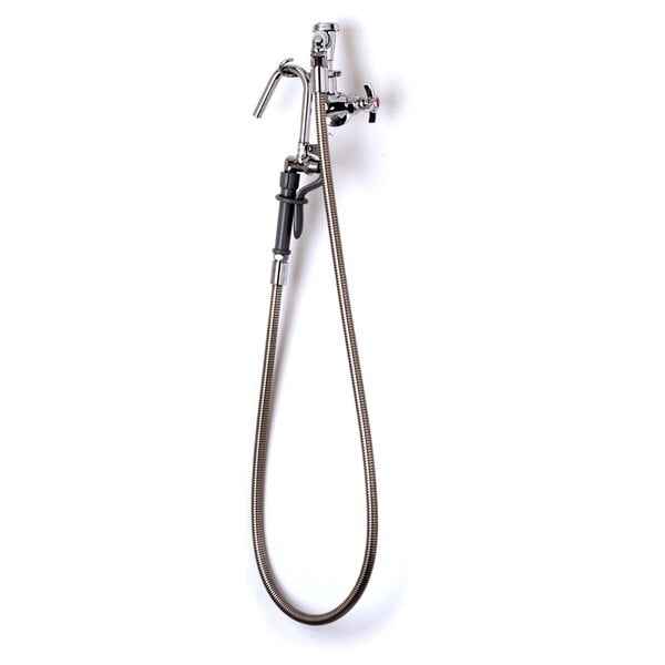 A T&S metal hose with nozzle and elbow attached.