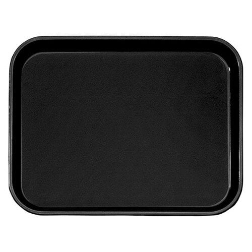 A black rectangular Cambro polytread serving tray with a handle.