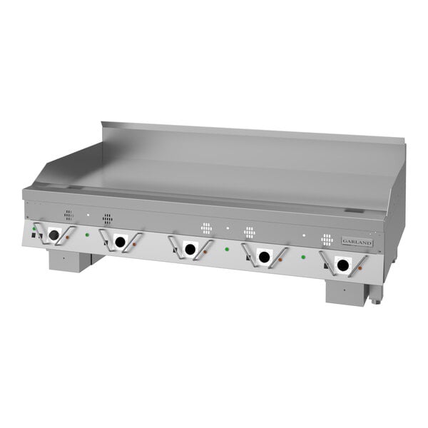 A large stainless steel commercial gas griddle with multiple control knobs and a backsplash.