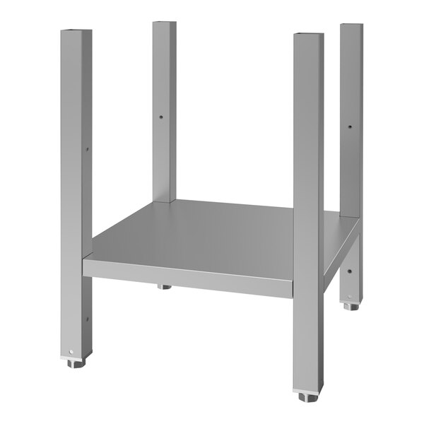 A stainless steel equipment stand with an undershelf and four legs.