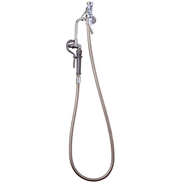 A T&amp;S wall mounted metal hose attached to a wall with a hook nozzle.