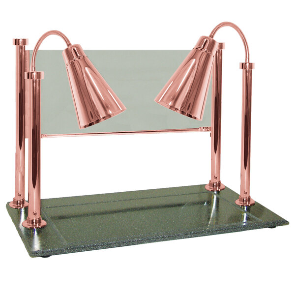 A Hanson Heat Lamps bright copper carving station with dual lamps over a glass sneeze guard.