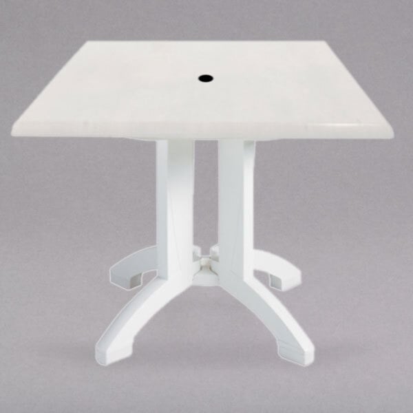 Grosfillex Ut370004 Atlanta 32 X, White Plastic Patio Table With Umbrella Hole