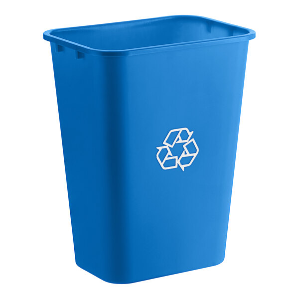 A blue Lavex recycling bin with a recycle symbol on it.