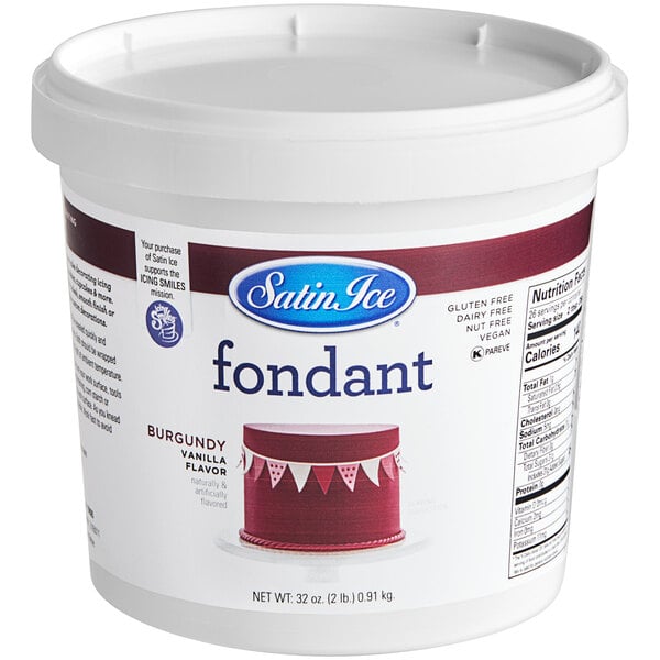 A white container of Satin Ice Burgundy Vanilla Rolled Fondant with a red and white label.