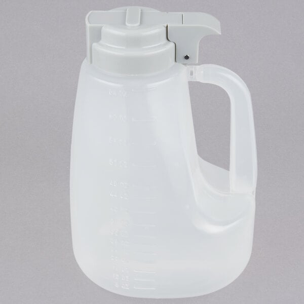 A white Tablecraft plastic jug with a handle and a grey lid.