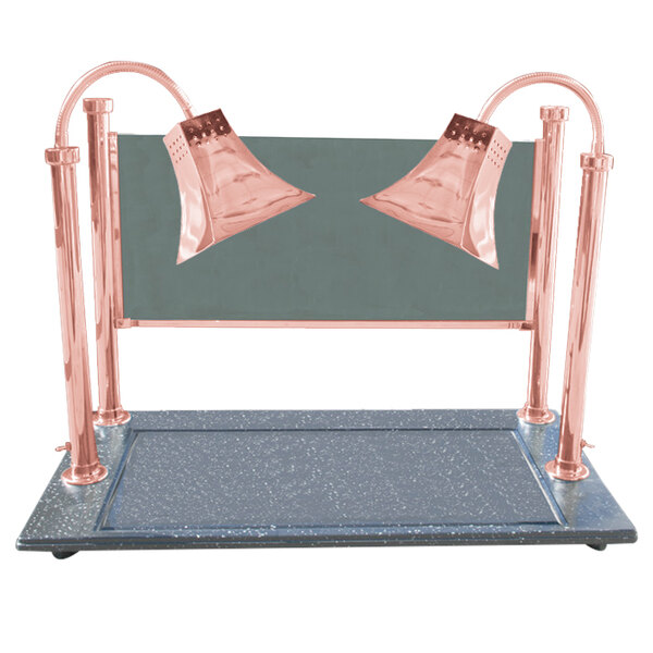 A Hanson Heat Lamps bright copper carving station with dual lamps on a metal stand.
