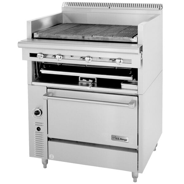 A stainless steel Garland Cuisine Series liquid propane range with a charbroiler.