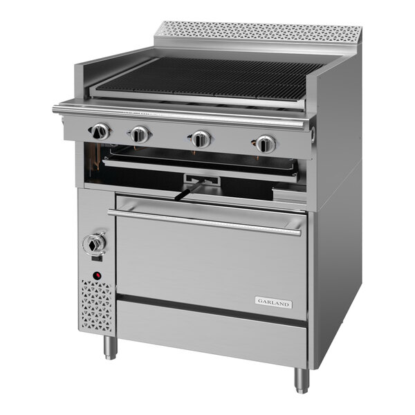 A commercial stainless steel charbroiler with adjustable grates and a convection oven below.